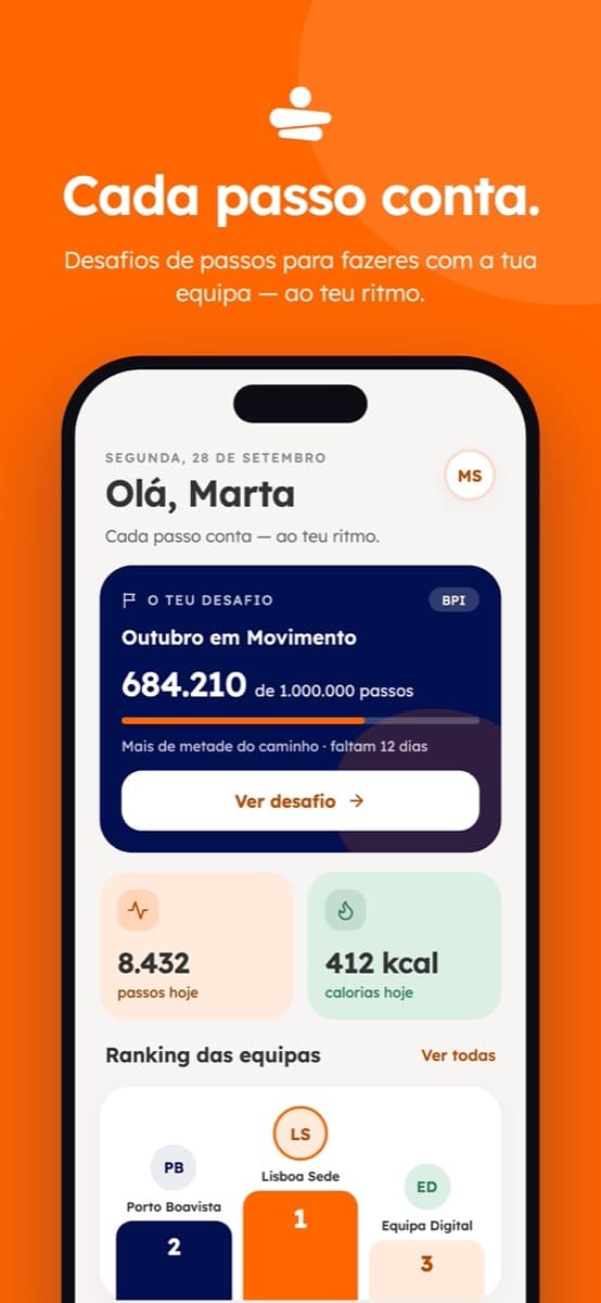Ecrã Início da app: o desafio em curso, passos e calorias do dia e o ranking das equipas.